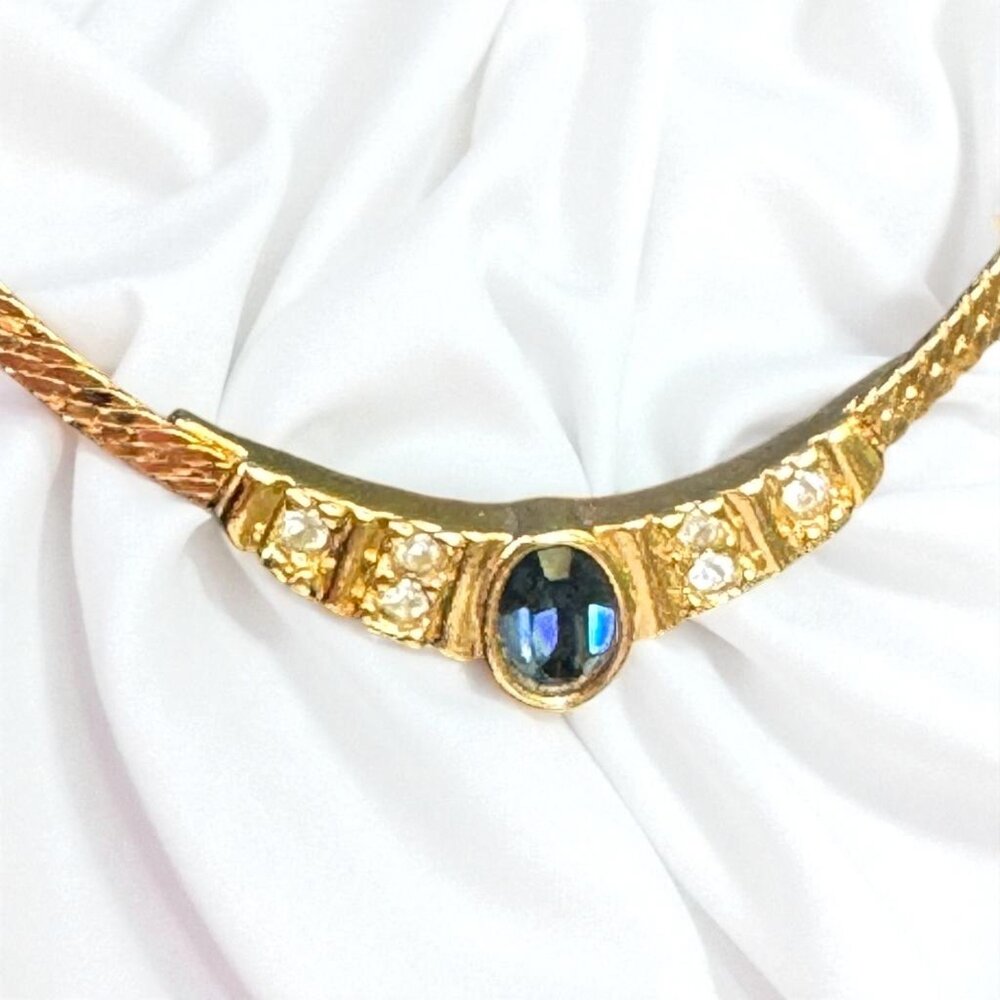 Vintage Avon 80s Blue Sapphire & Rhinestones Gold-Tone Choker Necklace - Picture 2 of 9